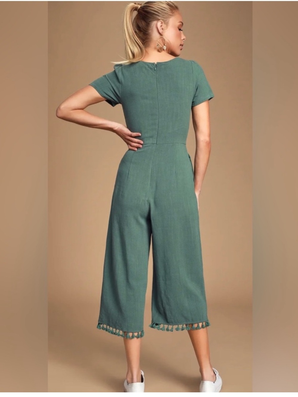 Lulus Leisure Olive Green Short Sleeve Linen Blend Tasseled Culotte Jumpsuit - Picture 3 of 5